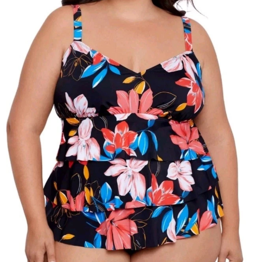 Swim Solutions Hawaiian Triple Tier Swimsuit Woman Plus 18w Floral Wireless New